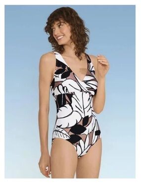 Lands end V Neck Bold Brown, Black, And White One Piece Womens Swimsuit L NWT